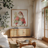 Our Christmas Story II Birch Background by Lisa Audit. Shown in a natural wood frame in a cozy modern living room. Available as an archival giclee rolled canvas, fine art paper, or poster print. SKU 47918a.
