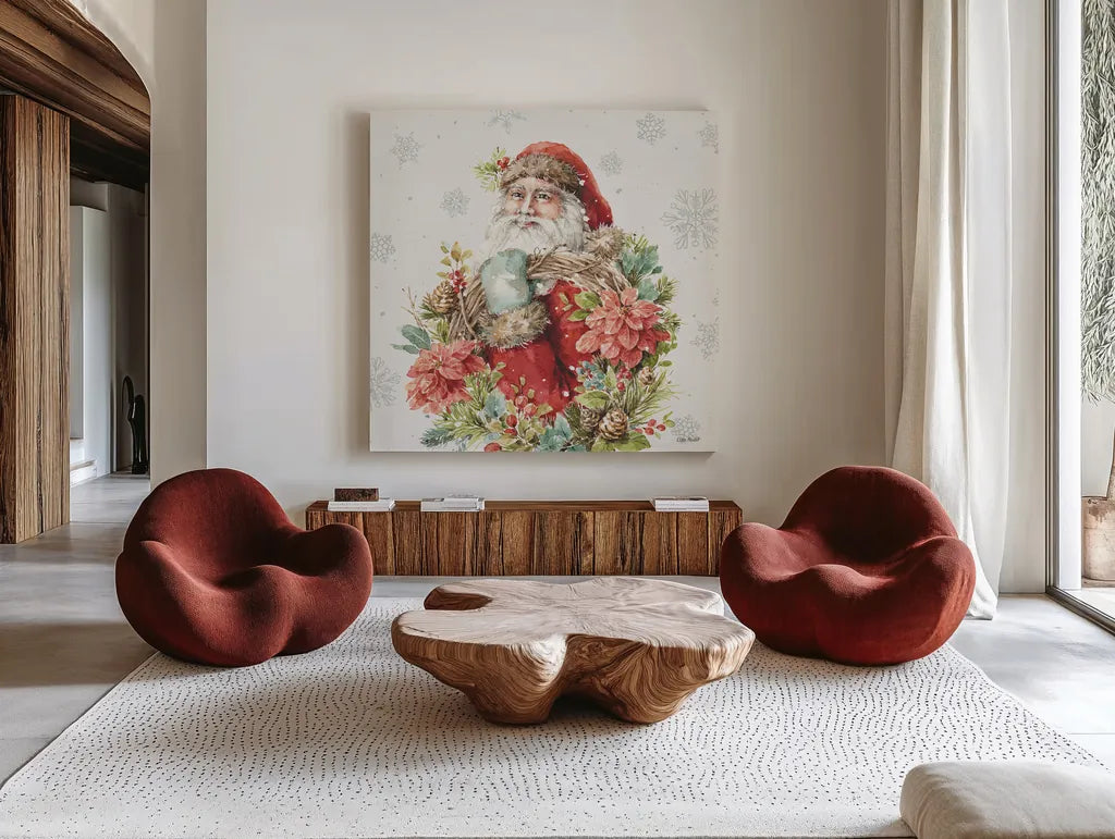 Our Christmas Story III by Lisa Audit. Shown as extra-large giant wall art in a modern living room. Available as an archival giclee rolled canvas, fine art paper, or poster print. SKU 47732a.
