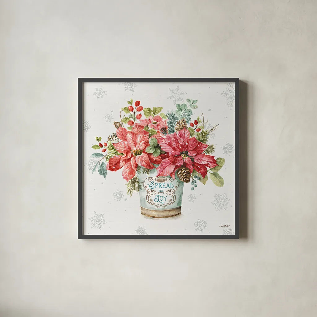 Our Christmas Story IV by Lisa Audit. Shown in a sleek black glass frame for a contemporary gallery look. Available as an archival giclee rolled canvas, fine art paper, or poster print. SKU 47733a.