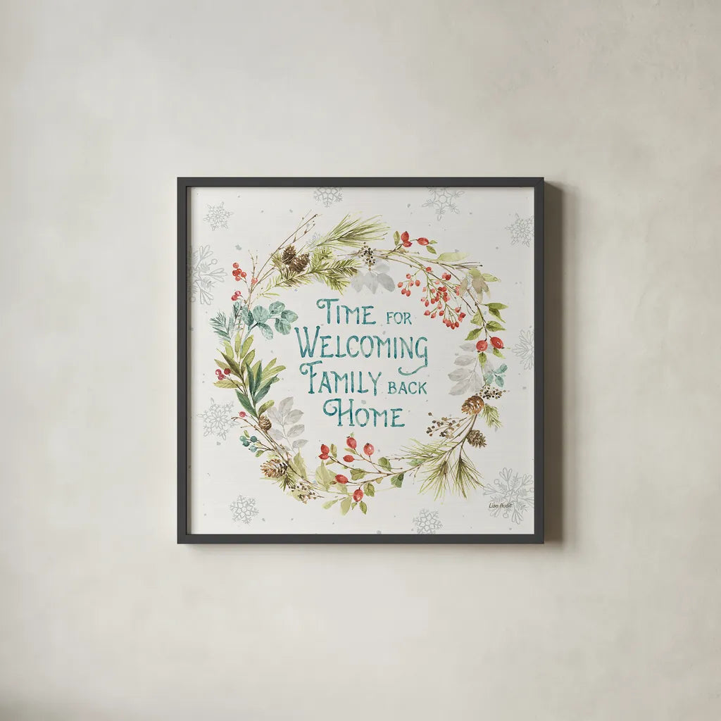 Our Christmas Story IX by Lisa Audit. Shown in a sleek black glass frame for a contemporary gallery look. Available as an archival giclee rolled canvas, fine art paper, or poster print. SKU 47738a.