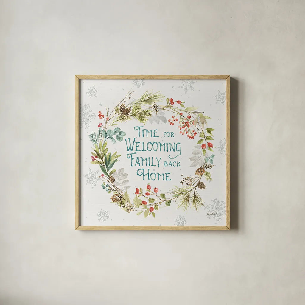 Our Christmas Story IX by Lisa Audit. Shown in a natural wood glass frame for a timeless modern aesthetic. Available as an archival giclee rolled canvas, fine art paper, or poster print. SKU 47738a.