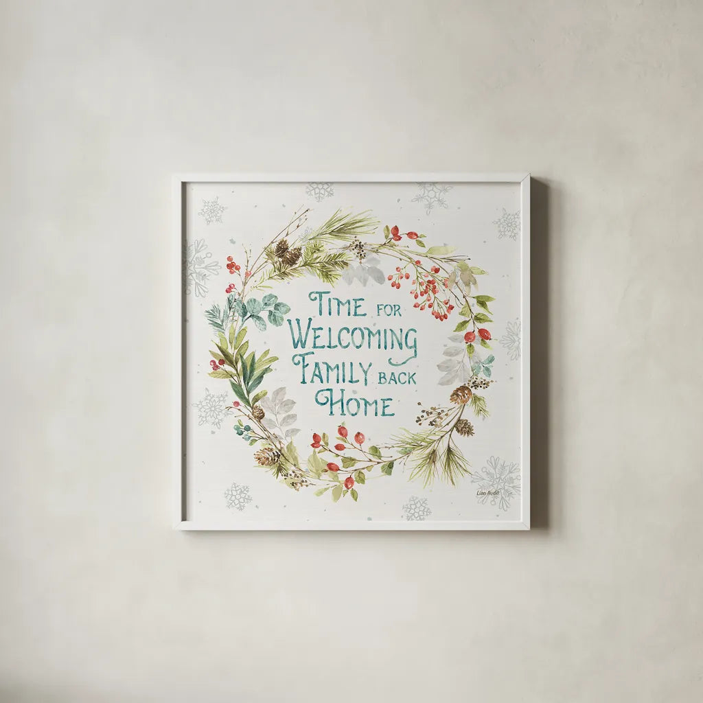 Our Christmas Story IX by Lisa Audit. Shown in a crisp white glass frame for a clean and minimalist style. Available as an archival giclee rolled canvas, fine art paper, or poster print. SKU 47738a.