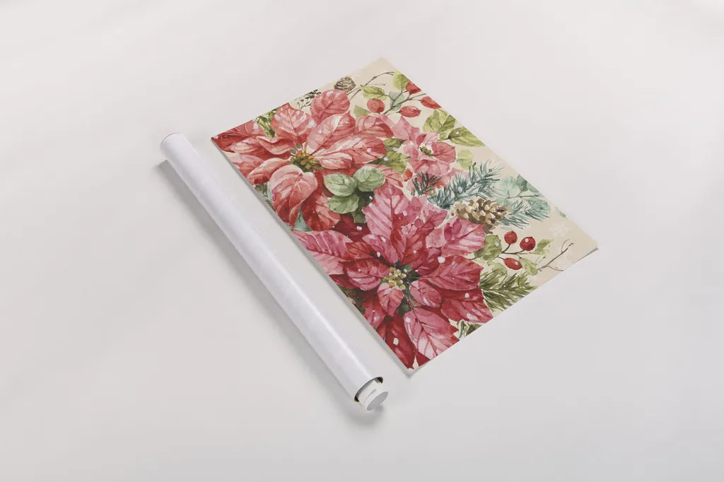 Our Christmas Story Poinsettias by Lisa Audit. shown as a rolled paper print. Available as archival giclee rolled canvas, fine art paper, or poster print. SKU 68236i.