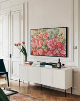 Our Christmas Story Poinsettias by Lisa Audit. shown as a framed stretched canvas in a living room above a console. Available as a archival giclee rolled canvas, fine art paper, or poster print. SKU 68236i.