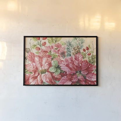 Our Christmas Story Poinsettias by Lisa Audit. shown as a paper print in a black flame. Available as a archival giclee rolled canvas, fine art paper, or poster print. SKU 68236i.