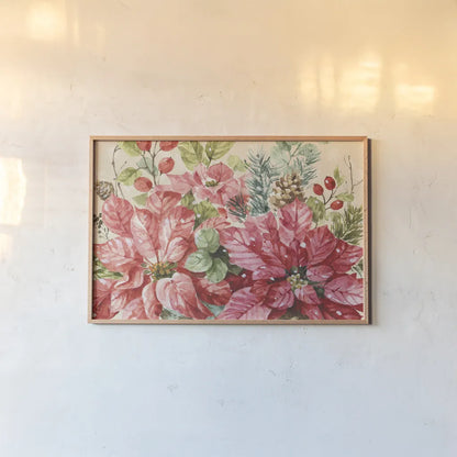Our Christmas Story Poinsettias by Lisa Audit. shown as a paper print in a natural frame. Available as a archival giclee rolled canvas, fine art paper, or poster print. SKU 68236i.