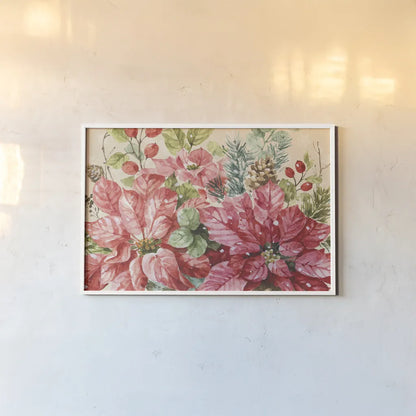 Our Christmas Story Poinsettias by Lisa Audit. shown as a paper print in a white frame. Available as a archival giclee rolled canvas, fine art paper, or poster print. SKU 68236i.