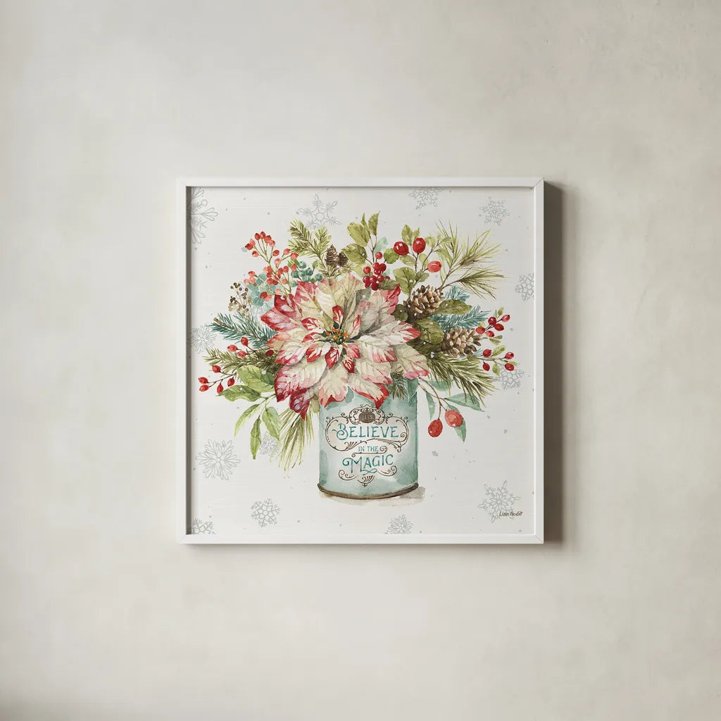 Our Christmas Story V by Lisa Audit. Shown in a crisp white glass frame for a clean and minimalist style. Available as an archival giclee rolled canvas, fine art paper, or poster print. SKU 47734a.