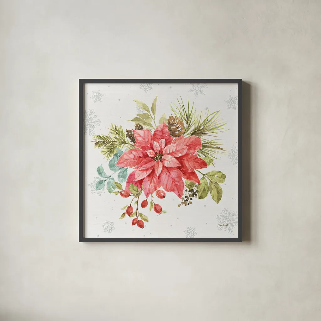 Our Christmas Story VI by Lisa Audit. Shown in a sleek black glass frame for a contemporary gallery look. Available as an archival giclee rolled canvas, fine art paper, or poster print. SKU 47735a.