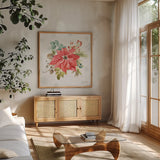 Our Christmas Story VII by Lisa Audit. Shown in a natural wood frame in a cozy modern living room. Available as an archival giclee rolled canvas, fine art paper, or poster print. SKU 47736a.