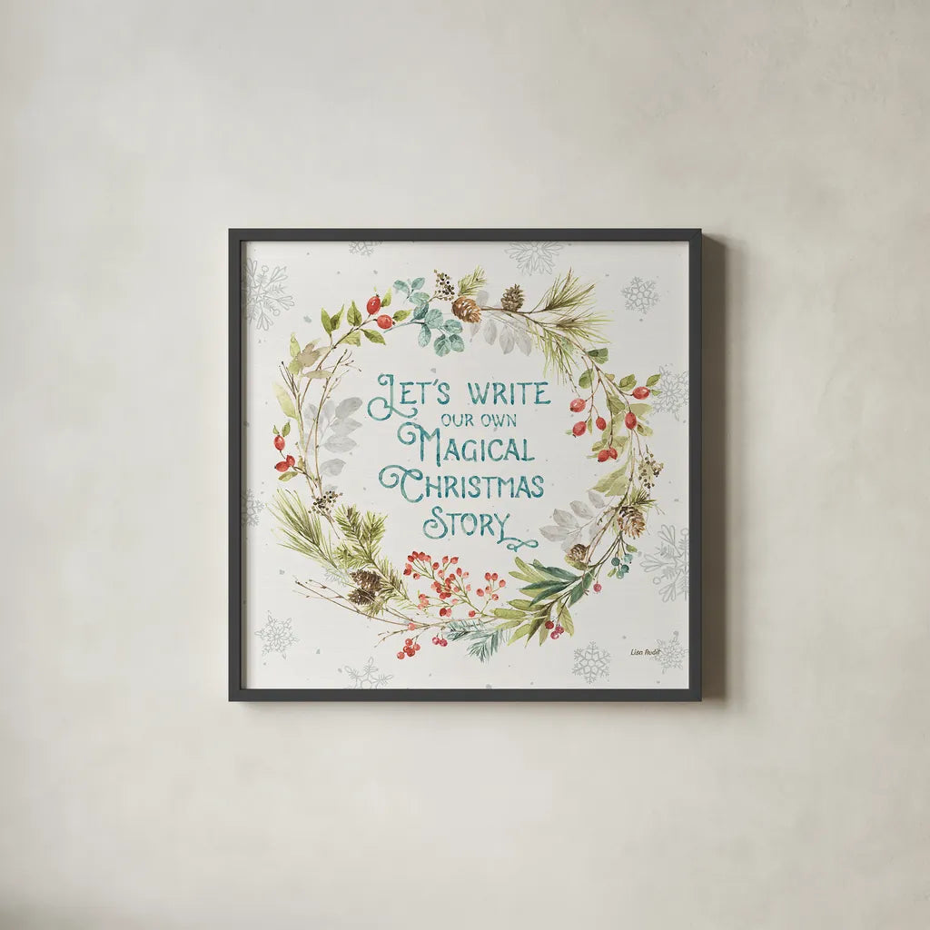 Our Christmas Story VIII by Lisa Audit. Shown in a sleek black glass frame for a contemporary gallery look. Available as an archival giclee rolled canvas, fine art paper, or poster print. SKU 47737a.