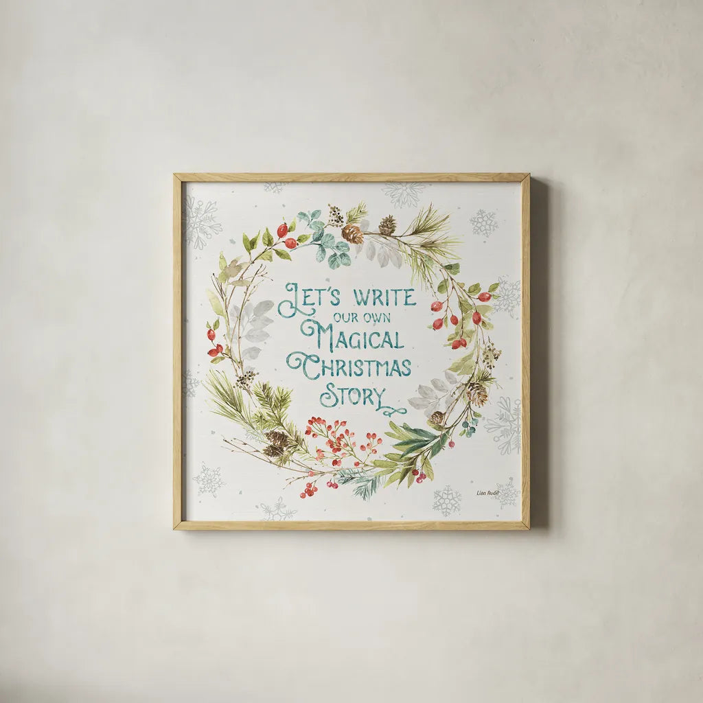 Our Christmas Story VIII by Lisa Audit. Shown in a natural wood glass frame for a timeless modern aesthetic. Available as an archival giclee rolled canvas, fine art paper, or poster print. SKU 47737a.