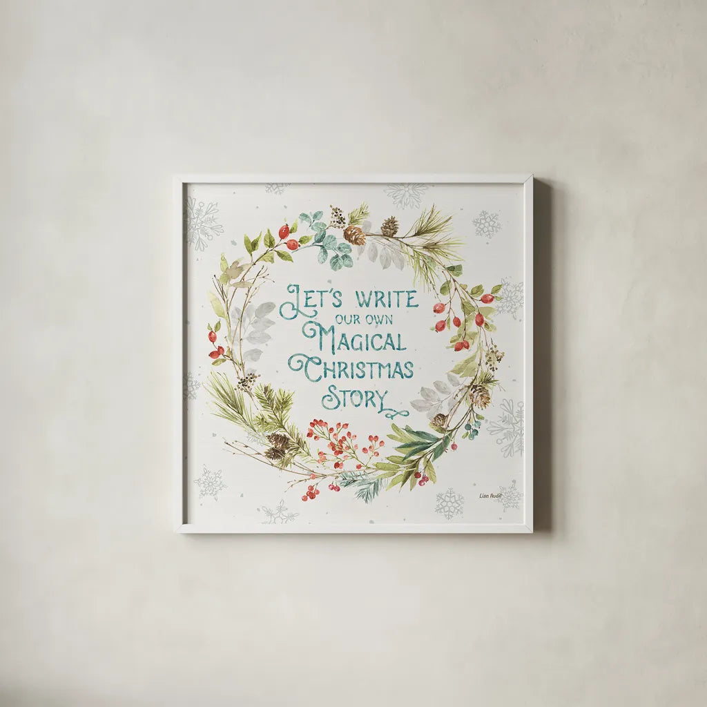 Our Christmas Story VIII by Lisa Audit. Shown in a crisp white glass frame for a clean and minimalist style. Available as an archival giclee rolled canvas, fine art paper, or poster print. SKU 47737a.