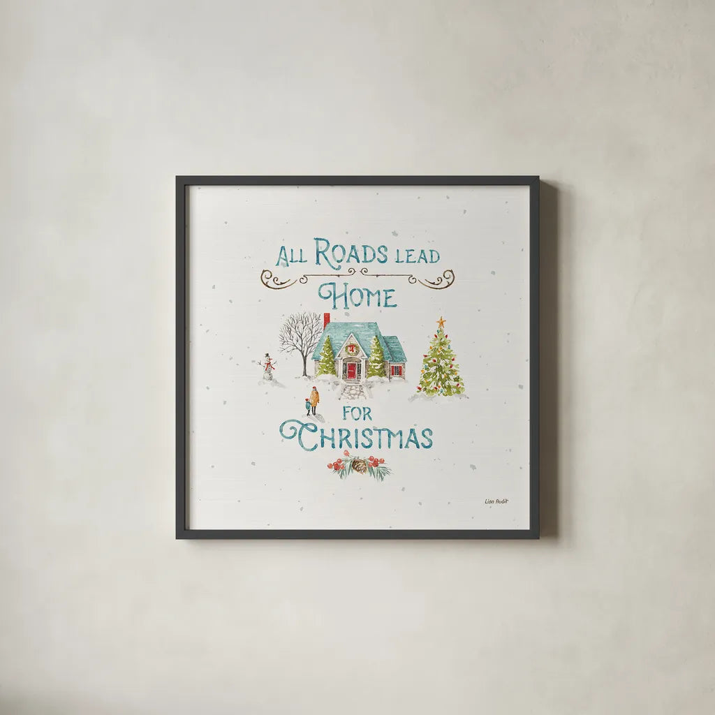Our Christmas Story X by Lisa Audit. Shown in a sleek black glass frame for a contemporary gallery look. Available as an archival giclee rolled canvas, fine art paper, or poster print. SKU 47739a.