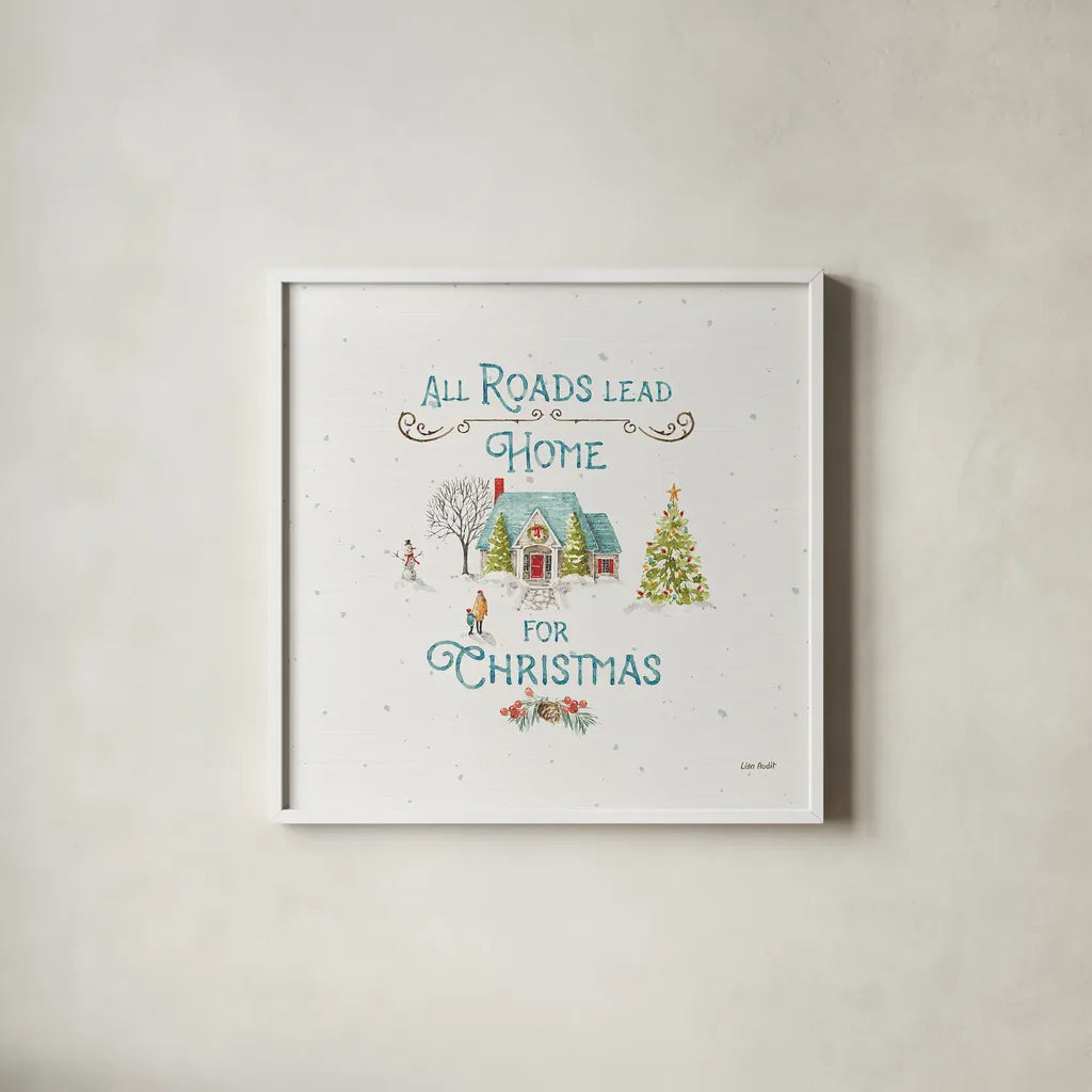 Our Christmas Story X by Lisa Audit. Shown in a crisp white glass frame for a clean and minimalist style. Available as an archival giclee rolled canvas, fine art paper, or poster print. SKU 47739a.