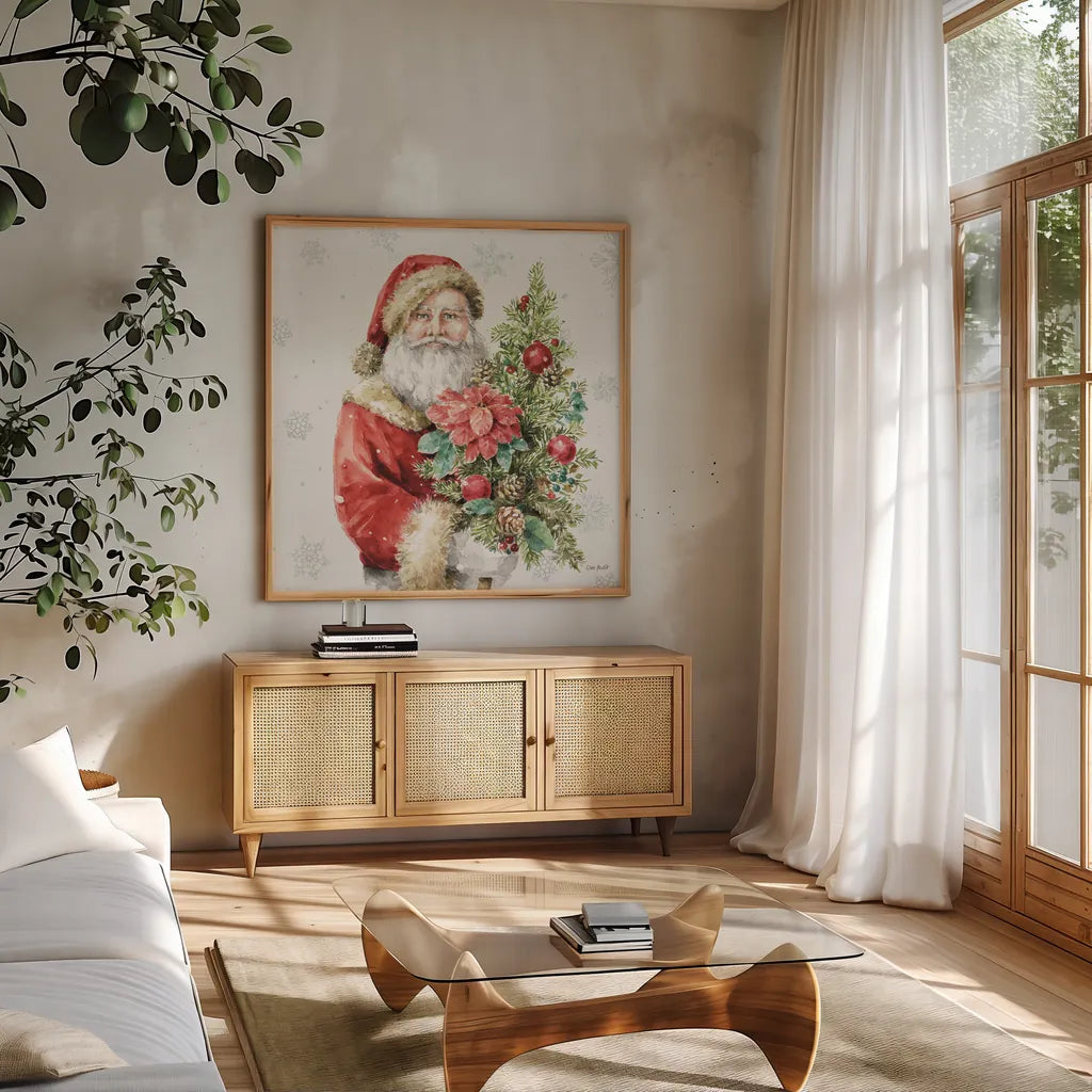 Our Christmas Story XIV by Lisa Audit. Shown in a natural wood frame in a cozy modern living room. Available as an archival giclee rolled canvas, fine art paper, or poster print. SKU 82084a.