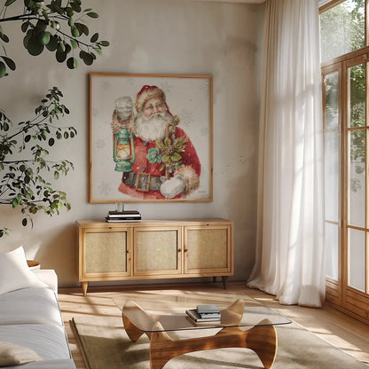 Our Christmas Story XV by Lisa Audit. Shown in a natural wood frame in a cozy modern living room. Available as an archival giclee rolled canvas, fine art paper, or poster print. SKU 82085a.