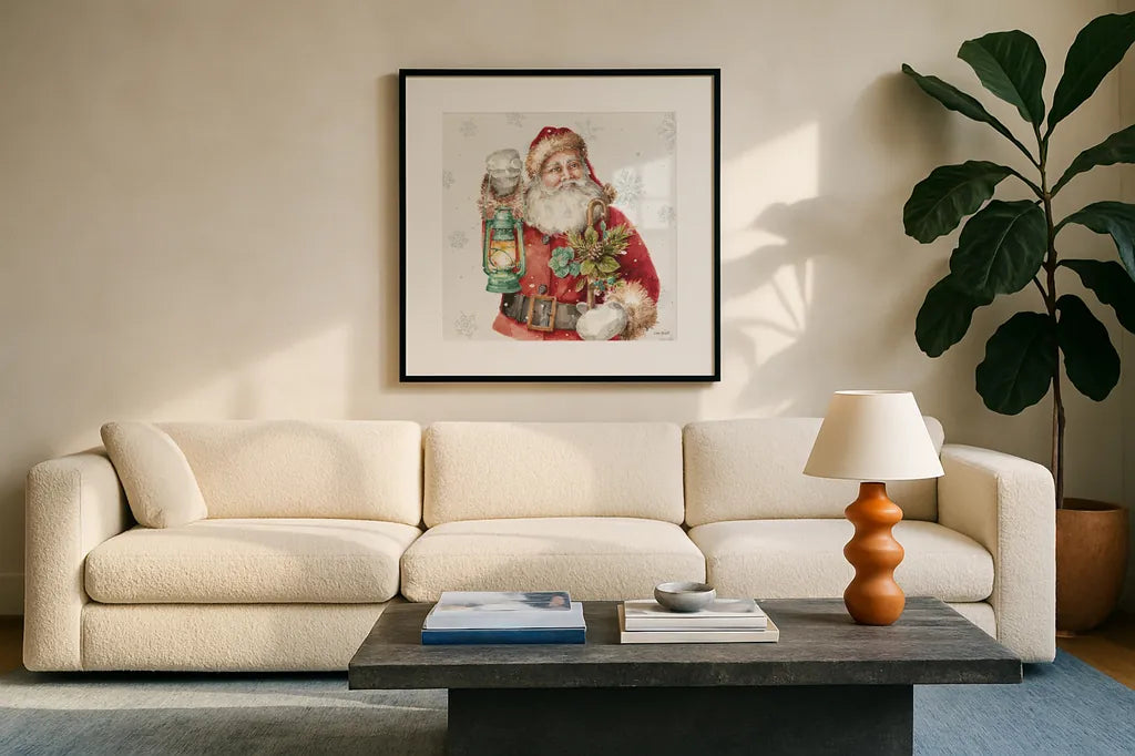 Our Christmas Story XV by Lisa Audit. Displayed in a glass frame with matte in a clean modern living room. Available as an archival giclee rolled canvas, fine art paper, or poster print. SKU 82085a.
