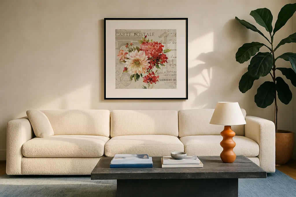 PS Je Taime Light I by Lisa Audit. Displayed in a glass frame with matte in a clean modern living room. Available as an archival giclee rolled canvas, fine art paper, or poster print. SKU 13478a.
