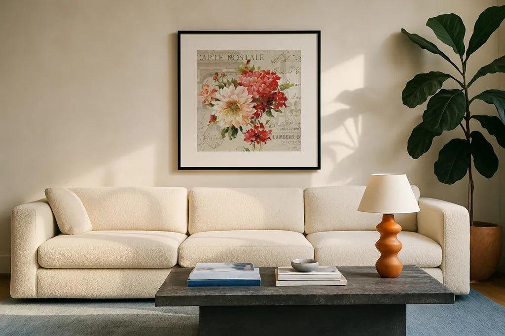PS Je Taime Light I by Lisa Audit. Displayed in a glass frame with matte in a clean modern living room. Available as an archival giclee rolled canvas, fine art paper, or poster print. SKU 14177a.