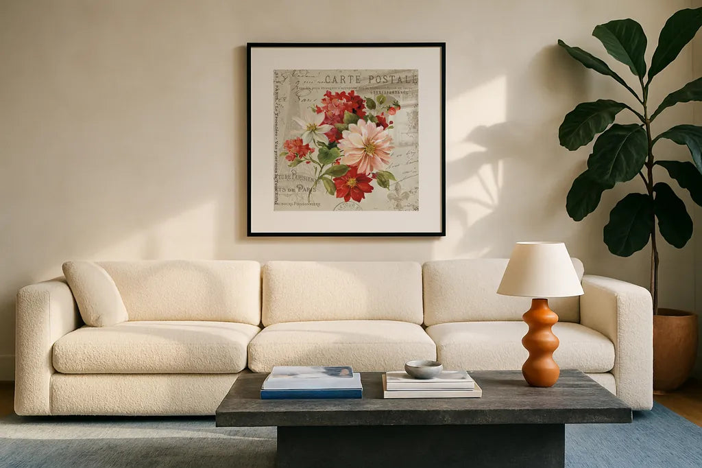 PS Je Taime Light II by Lisa Audit. Displayed in a glass frame with matte in a clean modern living room. Available as an archival giclee rolled canvas, fine art paper, or poster print. SKU 14178a.