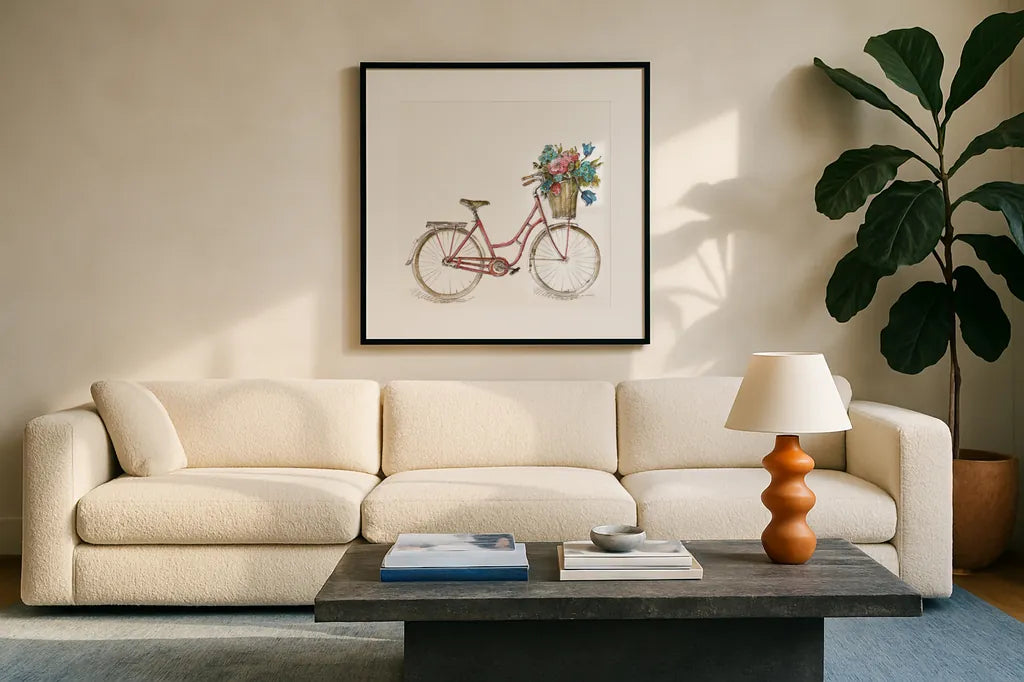 Paris Forever II v2 White by Lisa Audit. Displayed in a glass frame with matte in a clean modern living room. Available as an archival giclee rolled canvas, fine art paper, or poster print. SKU 52915a.