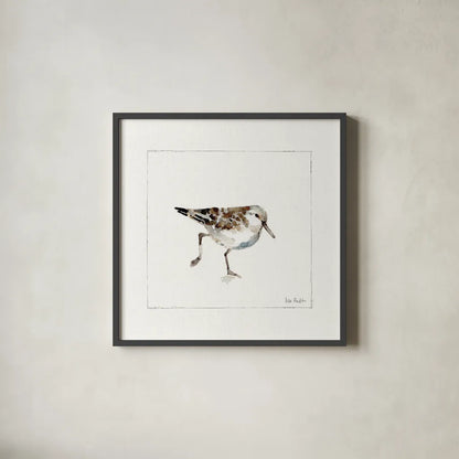 Pebbles and Sandpipers II No Words by Lisa Audit. Shown in a sleek black glass frame for a contemporary gallery look. Available as an archival giclee rolled canvas, fine art paper, or poster print. SKU 79487a.