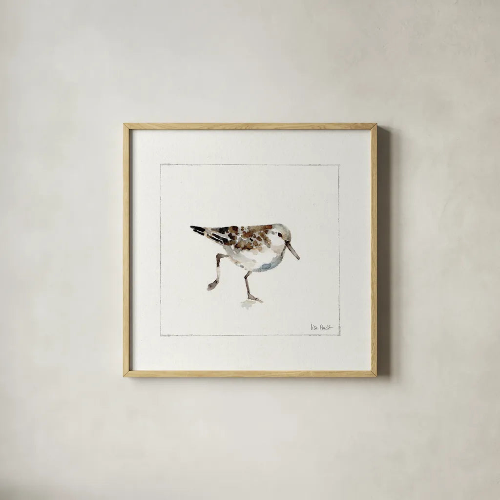 Pebbles and Sandpipers II No Words by Lisa Audit. Shown in a natural wood glass frame for a timeless modern aesthetic. Available as an archival giclee rolled canvas, fine art paper, or poster print. SKU 79487a.