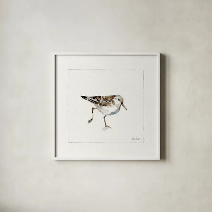 Pebbles and Sandpipers II No Words by Lisa Audit. Shown in a crisp white glass frame for a clean and minimalist style. Available as an archival giclee rolled canvas, fine art paper, or poster print. SKU 79487a.
