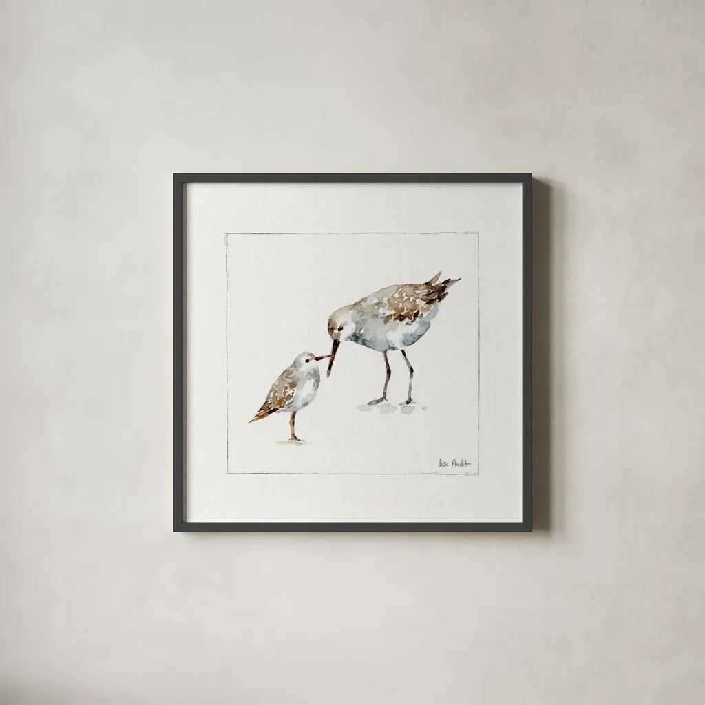 Pebbles and Sandpipers III No Words by Lisa Audit. Shown in a sleek black glass frame for a contemporary gallery look. Available as an archival giclee rolled canvas, fine art paper, or poster print. SKU 79488a.