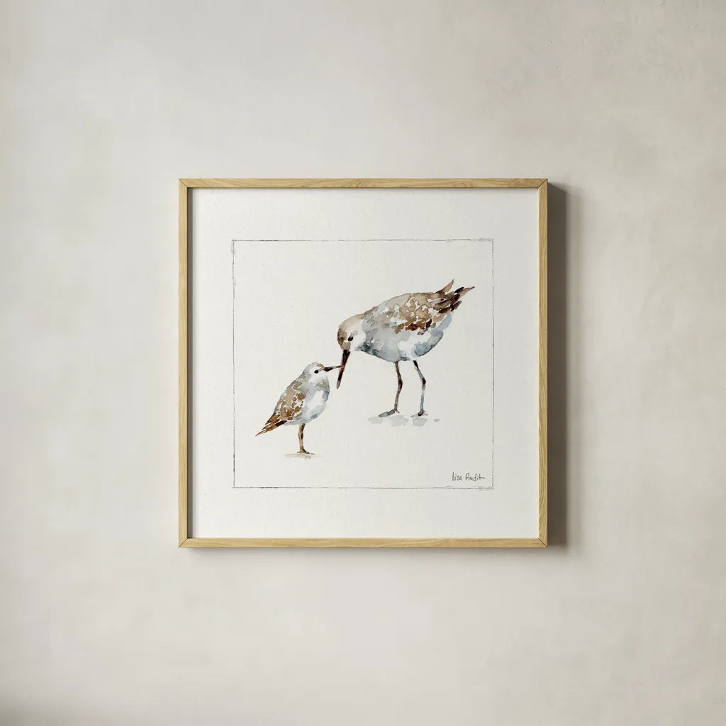 Pebbles and Sandpipers III No Words by Lisa Audit. Shown in a natural wood glass frame for a timeless modern aesthetic. Available as an archival giclee rolled canvas, fine art paper, or poster print. SKU 79488a.