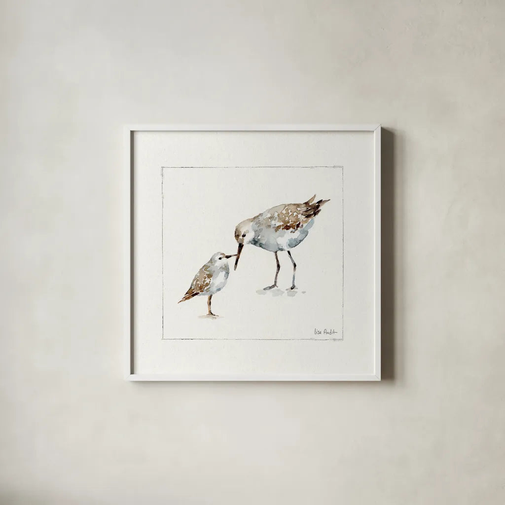 Pebbles and Sandpipers III No Words by Lisa Audit. Shown in a crisp white glass frame for a clean and minimalist style. Available as an archival giclee rolled canvas, fine art paper, or poster print. SKU 79488a.