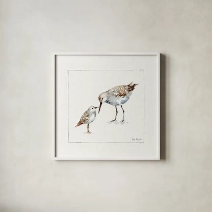 Pebbles and Sandpipers III No Words by Lisa Audit. Shown in a crisp white glass frame for a clean and minimalist style. Available as an archival giclee rolled canvas, fine art paper, or poster print. SKU 79488a.