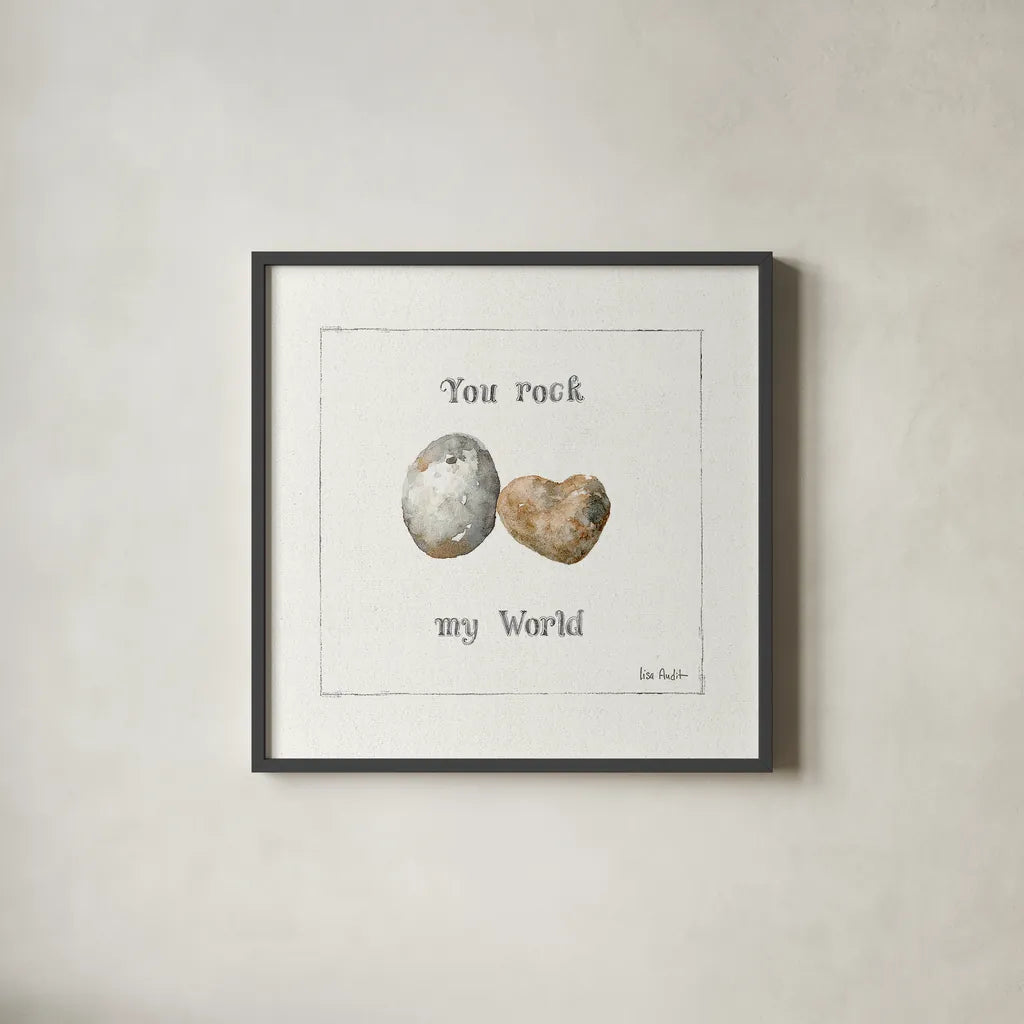 Pebbles and Sandpipers V by Lisa Audit. Shown in a sleek black glass frame for a contemporary gallery look. Available as an archival giclee rolled canvas, fine art paper, or poster print. SKU 17990a.