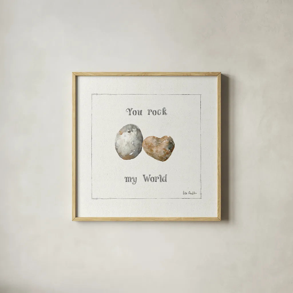 Pebbles and Sandpipers V by Lisa Audit. Shown in a natural wood glass frame for a timeless modern aesthetic. Available as an archival giclee rolled canvas, fine art paper, or poster print. SKU 17990a.