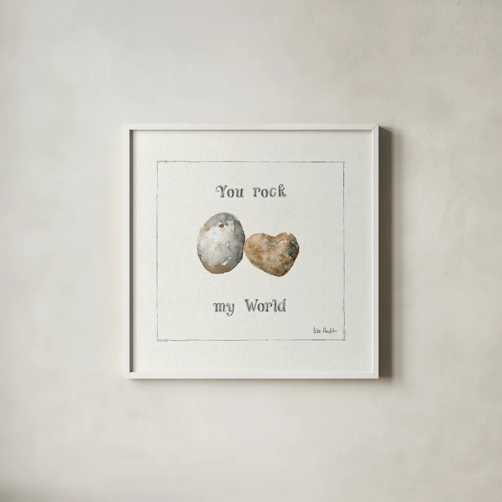 Pebbles and Sandpipers V by Lisa Audit. Shown in a crisp white glass frame for a clean and minimalist style. Available as an archival giclee rolled canvas, fine art paper, or poster print. SKU 17990a.