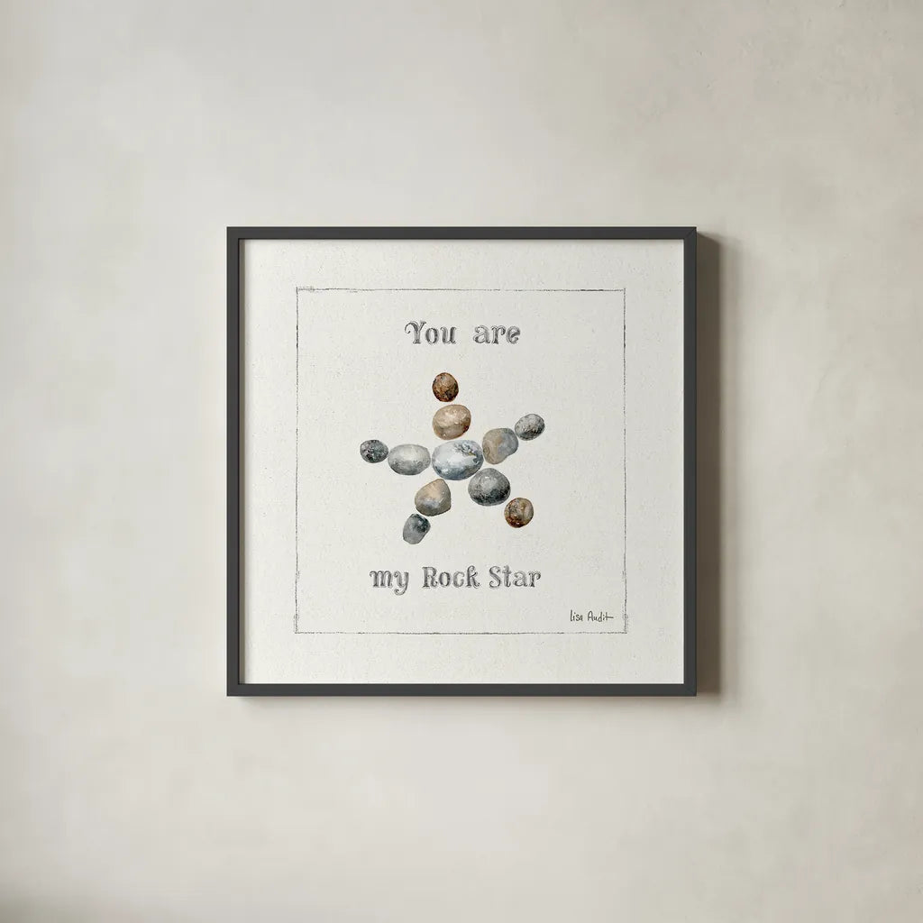 Pebbles and Sandpipers VII by Lisa Audit. Shown in a sleek black glass frame for a contemporary gallery look. Available as an archival giclee rolled canvas, fine art paper, or poster print. SKU 17992a.