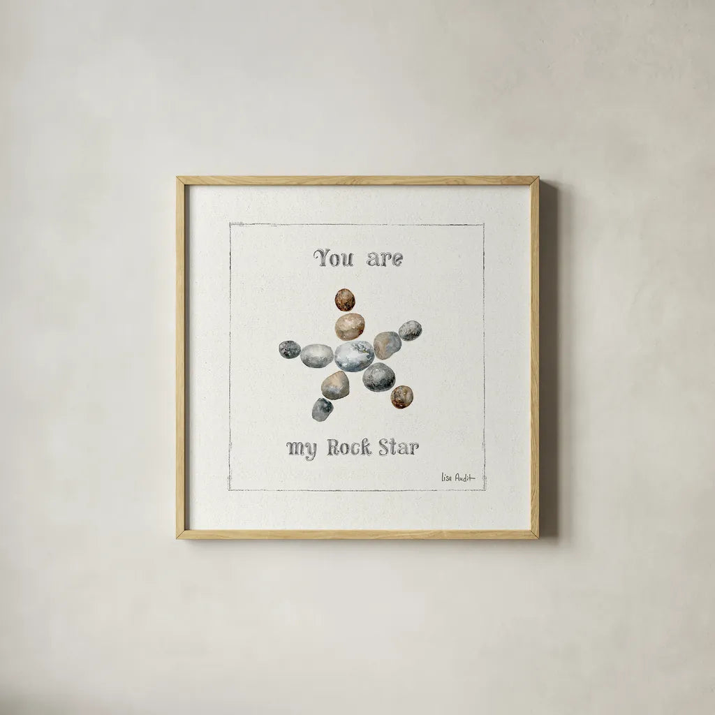 Pebbles and Sandpipers VII by Lisa Audit. Shown in a natural wood glass frame for a timeless modern aesthetic. Available as an archival giclee rolled canvas, fine art paper, or poster print. SKU 17992a.