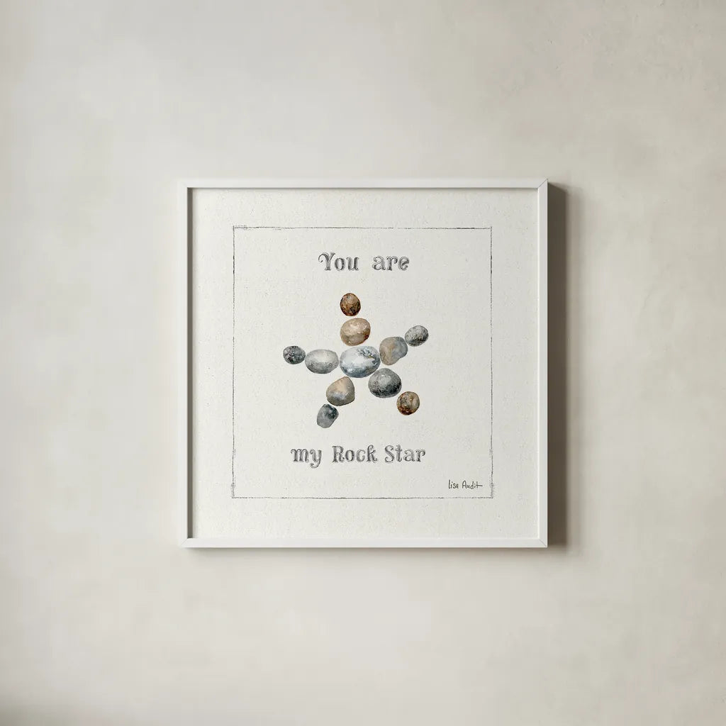 Pebbles and Sandpipers VII by Lisa Audit. Shown in a crisp white glass frame for a clean and minimalist style. Available as an archival giclee rolled canvas, fine art paper, or poster print. SKU 17992a.