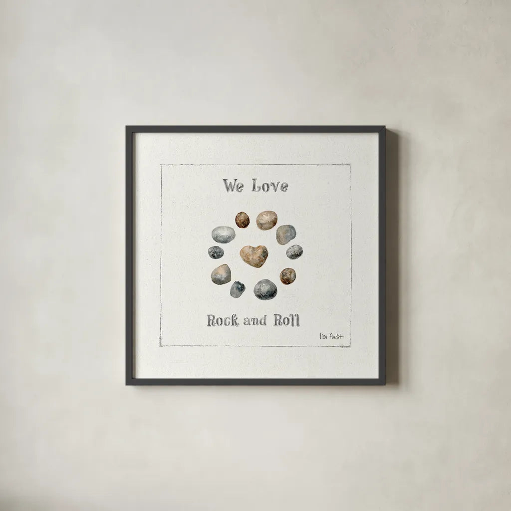 Pebbles and Sandpipers VIII by Lisa Audit. Shown in a sleek black glass frame for a contemporary gallery look. Available as an archival giclee rolled canvas, fine art paper, or poster print. SKU 17993a.