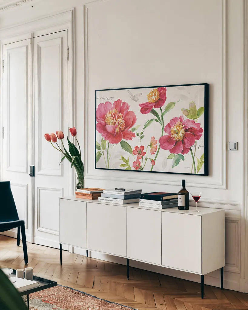Pink Garden I by Lisa Audit. shown as a framed stretched canvas in a living room above a console. Available as a archival giclee rolled canvas, fine art paper, or poster print. SKU 34779i.