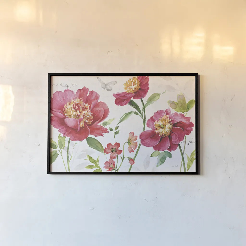 Pink Garden I by Lisa Audit. shown as a paper print in a black flame. Available as a archival giclee rolled canvas, fine art paper, or poster print. SKU 34779i.