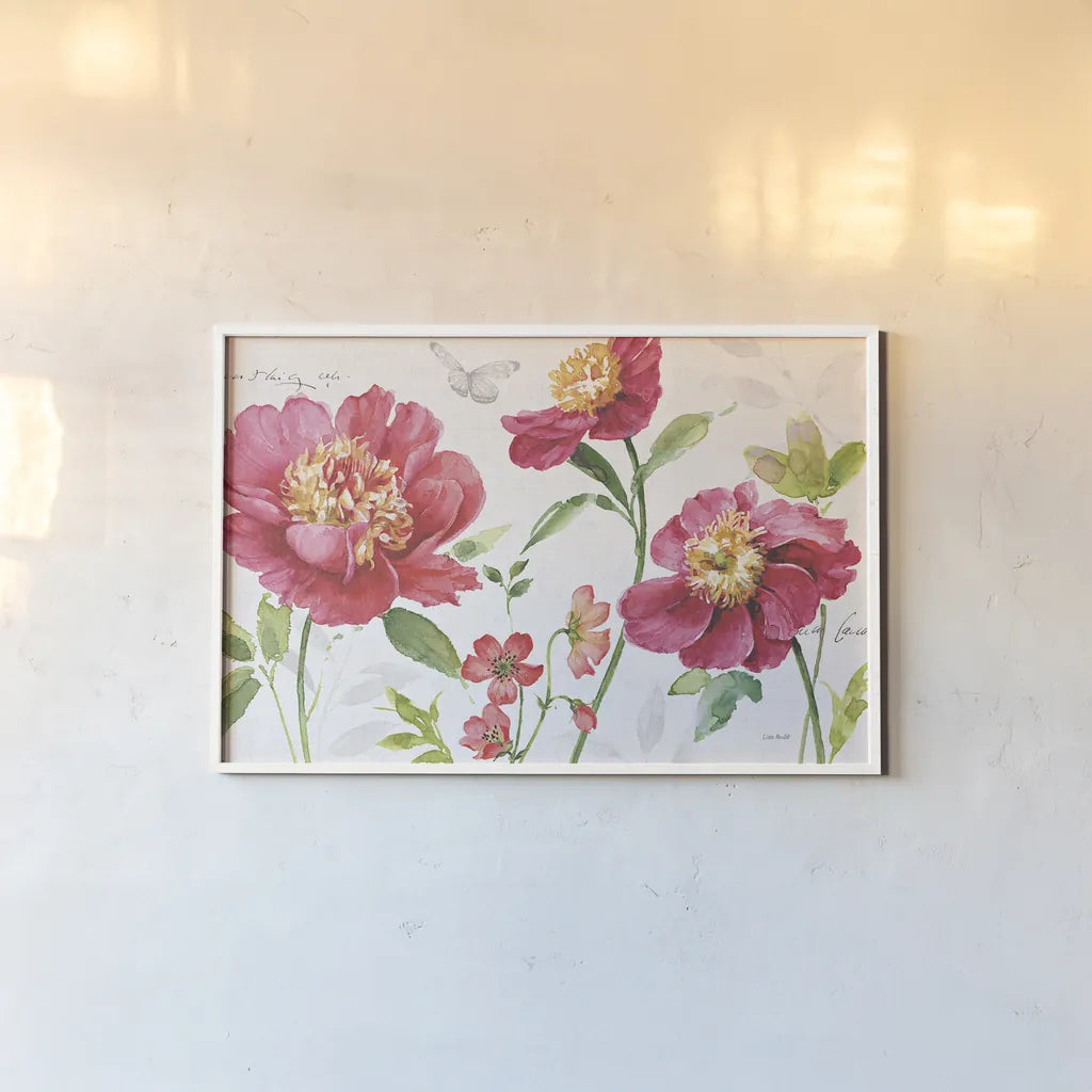 Pink Garden I by Lisa Audit. shown as a paper print in a white frame. Available as a archival giclee rolled canvas, fine art paper, or poster print. SKU 34779i.