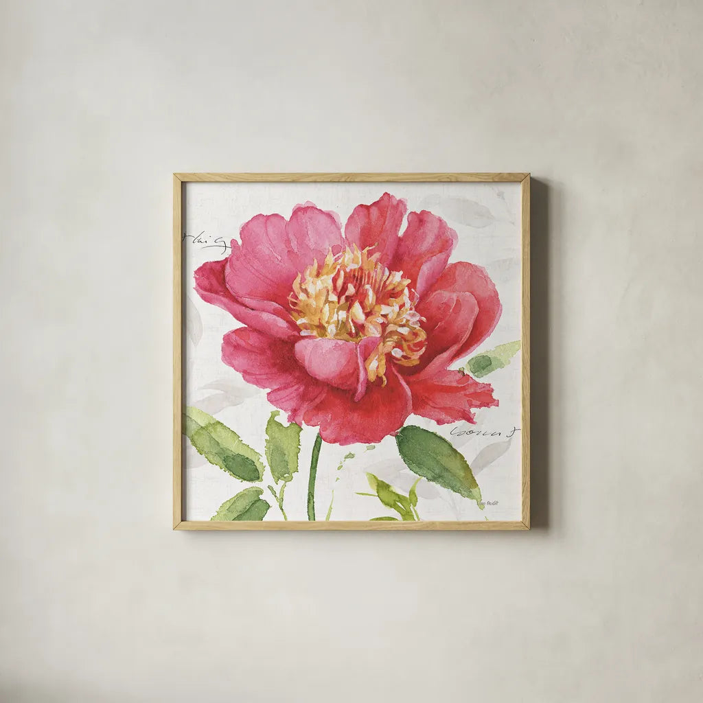 Pink Garden II by Lisa Audit. Shown in a natural wood glass frame for a timeless modern aesthetic. Available as an archival giclee rolled canvas, fine art paper, or poster print. SKU 34780a.