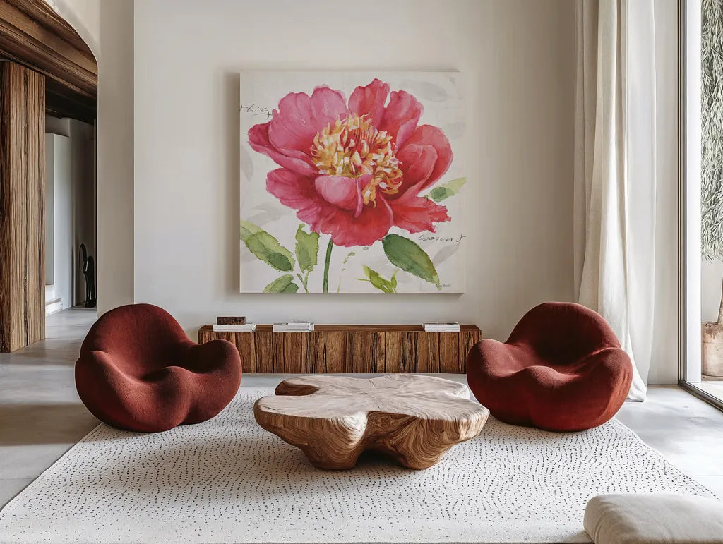Pink Garden II by Lisa Audit. Shown as extra-large giant wall art in a modern living room. Available as an archival giclee rolled canvas, fine art paper, or poster print. SKU 34780a.