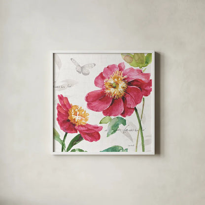Pink Garden III by Lisa Audit. Shown in a crisp white glass frame for a clean and minimalist style. Available as an archival giclee rolled canvas, fine art paper, or poster print. SKU 34781a.