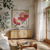 Pink Garden III by Lisa Audit. Shown in a natural wood frame in a cozy modern living room. Available as an archival giclee rolled canvas, fine art paper, or poster print. SKU 34781a.