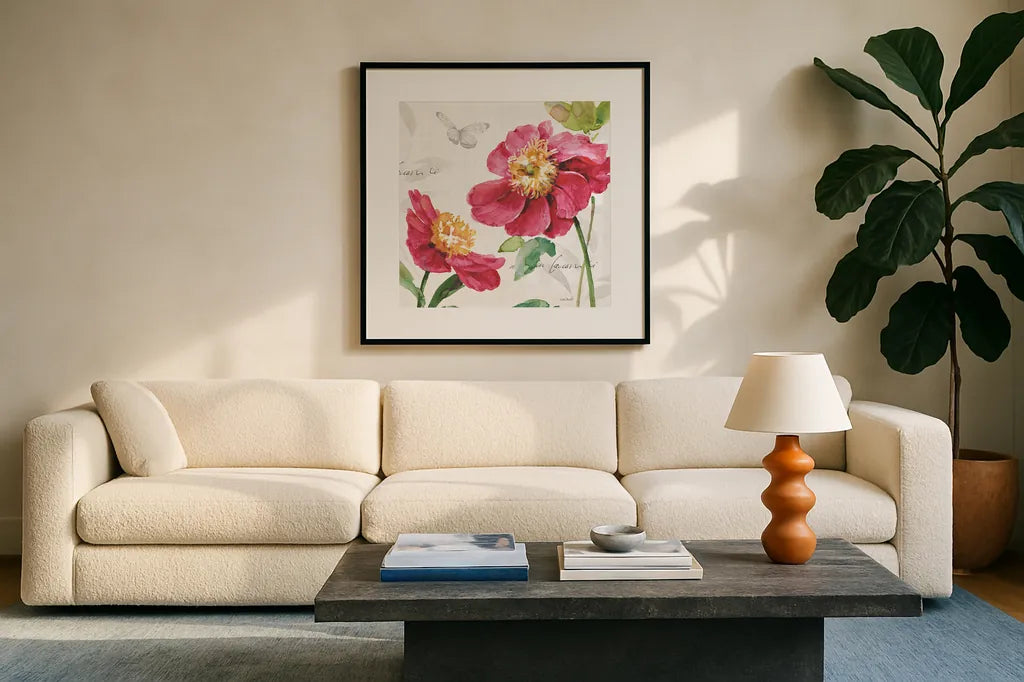Pink Garden III by Lisa Audit. Displayed in a glass frame with matte in a clean modern living room. Available as an archival giclee rolled canvas, fine art paper, or poster print. SKU 34781a.