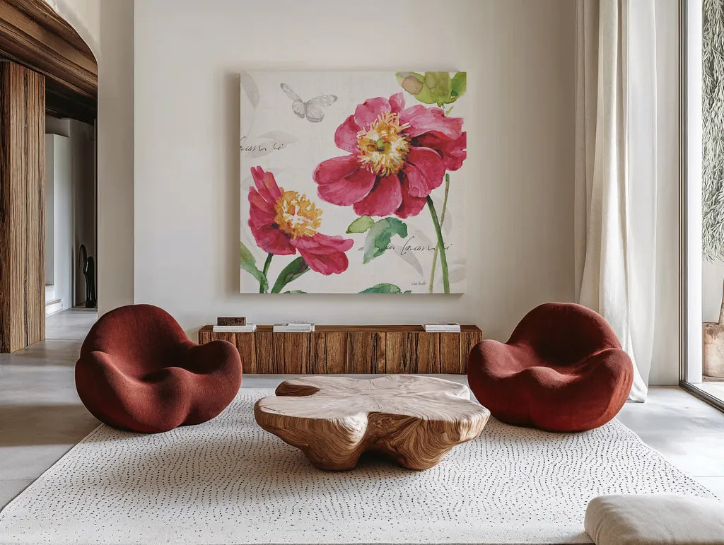 Pink Garden III by Lisa Audit. Shown as extra-large giant wall art in a modern living room. Available as an archival giclee rolled canvas, fine art paper, or poster print. SKU 34781a.