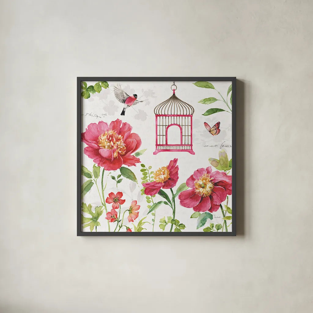 Pink Garden IV by Lisa Audit. Shown in a sleek black glass frame for a contemporary gallery look. Available as an archival giclee rolled canvas, fine art paper, or poster print. SKU 34782a.